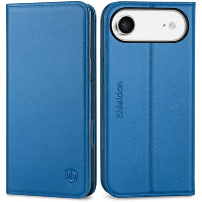 SHIELDON Genuine Leather Wallet Case for iPhone Air 6.5", Sapphire Blue | Magnetic Closure, RFID Blocking, Credit Card Holder, Kickstand, Folio Design, Shockproof Phone Cover - color: Sapphire Blue