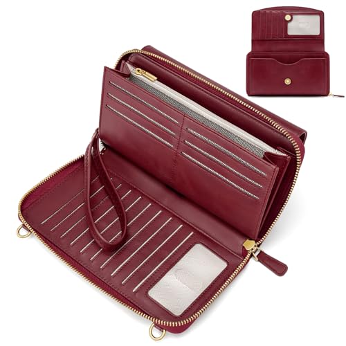 Peacocktion Womens Crossbody Wristlet Wallets with Cell Phone Pocket RFID Vegan Leather Cross Body Purses Travel - color: 05-wine Red