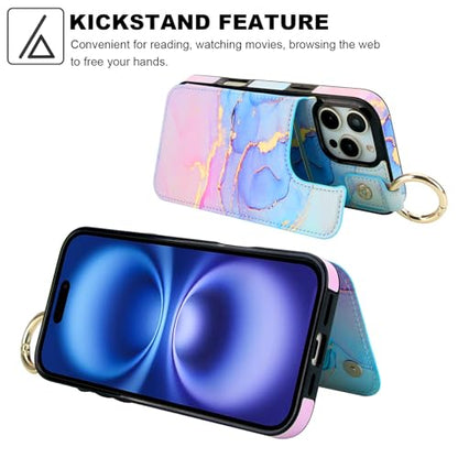 HAOPINSH for iPhone 16 Pro Max Wallet Case with Card Holder, Pink Blue Marble Print Back Flip Folio PU Leather Kickstand Card Slots Case, Finger Grip Ring Double Magnetic Clasp Shockproof 6.9" - color: Pink Blue Marble Grip Ring