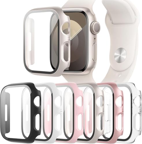 6-Pack Case Compatible with Apple Watch 40mm Series SE 3(2025)/SE 2/SE/6/5/4 with Tempered Glass Screen Protector, QCKANLJ Ultra-Thin Hard PC Full Protective Face Cover Bumper for iWatch 40 mm - color: Black/Transparent/Pink/White/Starlight/Rose Gold, siz