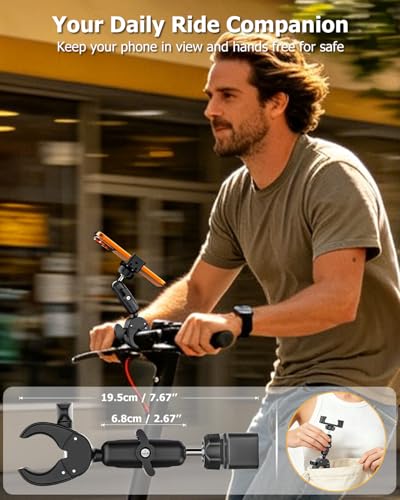 Scooter Phone Holder Metal - [Stable & Won't Fall Off] Ebike Accessories, Electric Scooter Boat Moto Bike Clamp Handlebar Mount with Aluminum Arm for 4-7" Phones, iPhone 17 16 Pro Max, Pixel etc