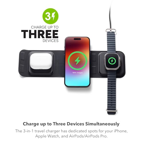 mophie 3-in-1 Travel Charger v2 with MagSafe - Portable Wireless Charging Hub, Compatible with Apple Devices, iPhone 16/15/14/13/12, Apple Watch Series 10 to 1 & Ultra, AirPods Pro/3rd Gen, Black - color: Black, style: Gen 2