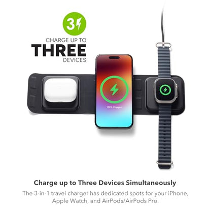 mophie 3-in-1 Travel Charger v2 with MagSafe - Portable Wireless Charging Hub, Compatible with Apple Devices, iPhone 16/15/14/13/12, Apple Watch Series 10 to 1 & Ultra, AirPods Pro/3rd Gen, Black - color: Black, style: Gen 2