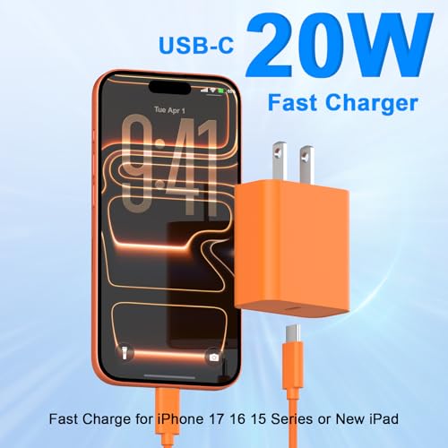 iPhone 17 16 15 Charger Fast Charging 6FT, 20W USB C Charger Block & Cable - color: Orange