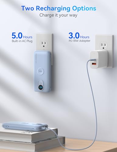 Portable Charger Power Bank 10000mAh PD20W w/Built-in Cables & AC Plug - color: LightBlue