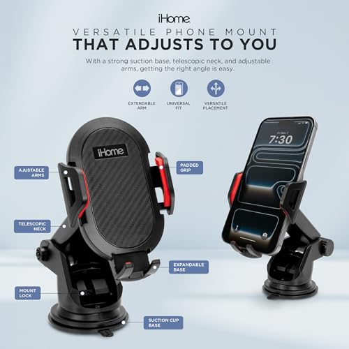 iHome Car Mount, Dashboard/Windshield/Vent Mount, Swivel Neck, Silicone Grip, Adjustable Mount Arm with Suction Cup Base (Adjustable Arm Car Mount) - style: Adjustable Arm Car Mount