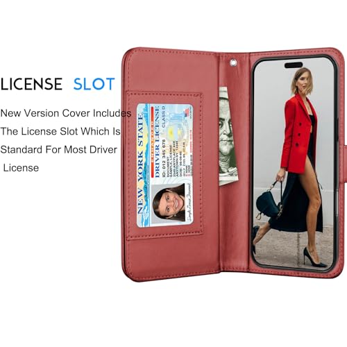 Tekcoo Wallet Case Compatible with iPhone 16 Plus (6.7 inch) 2024 Luxury ID Cash Credit Card Slots Holder Carrying Pouch Folio Flip PU Leather Cover [Detachable Magnetic Hard Case] with Strap [Red] - color: Wine Red, size: 16 Plus