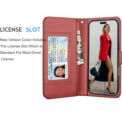 Tekcoo Wallet Case Compatible with iPhone 16 Plus (6.7 inch) 2024 Luxury ID Cash Credit Card Slots Holder Carrying Pouch Folio Flip PU Leather Cover [Detachable Magnetic Hard Case] with Strap [Red] - color: Wine Red, size: 16 Plus