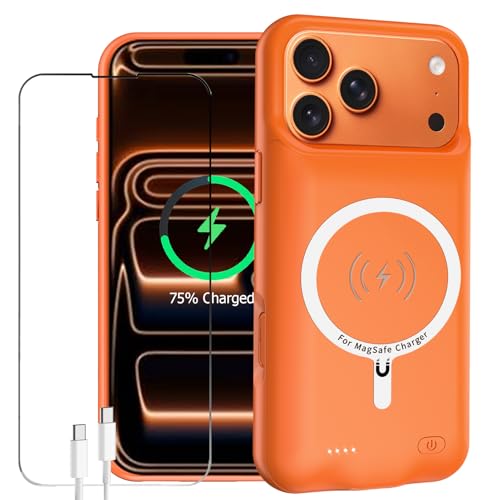 Battery Case for iPhone 17 Pro Max, Enhanced 12000mAh Portable Protective Wireless Charging Case Support Carplay Compatible with iPhone 17 Pro Max (6.9 inch) Rechargeable Battery Charger Cover(Orange) - size: iPhone 17 Pro Max