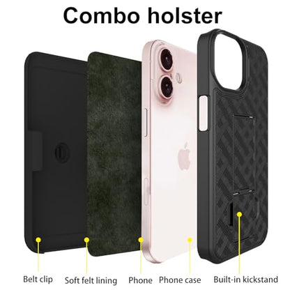 Ailiber for iPhone 17 Stand Case, Belt Clip Holster Screen Protector-Black | Camera Lens Protector, Swivel Kickstand Holder, Slim Shell Pouch Full Body Protective, Rugged Shockproof Cell Phone Cover - size: iPhone 17