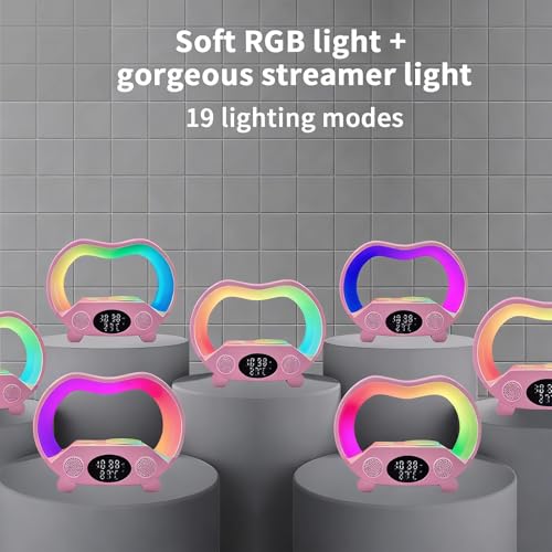 6-in-1 Wireless Charging Station with Bluetooth Speaker, RGB Ambient Light, Smart Display Clock & Thermometer, and Remote Control for Remote Operation of All Functions, ZS932 Pink. - color: Multifunctional Alarm Clock Zs932 Pink