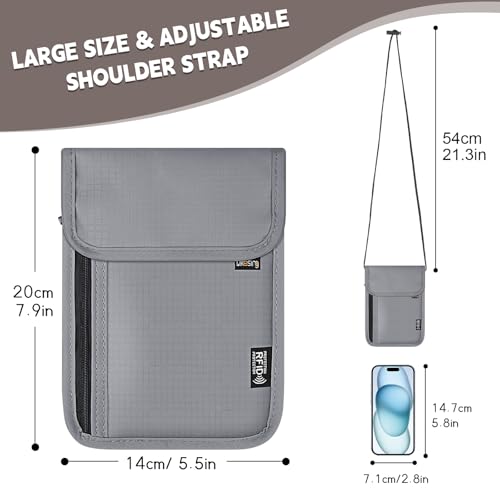 Likesing 5.5" L x 7.9" W Travel Neck Wallet, RFID Passport Pouch-Light Grey - color: Light Grey