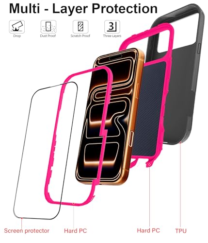 for iPhone 17 Pro Max Case with 2 Camera Lens Protector & 2 Screen Protector, Heavy Duty Full Body Protective Phone Case 6.9"(BlackRose) - color: 17 Pro Max-BlackRose