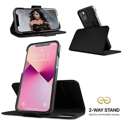 Dreem Vegan Leather Magnetic Detachable Wallet Case for iPhone 13 Black | Built-in Phone Stand, RFID Blocking Card Holder Flip Cover, MagSafe Compatible, Gift Box [Fibonacci: Black] - color: Black, size: iPhone 13