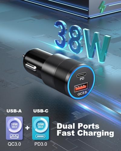 USB C Car Charger 38W, OKRAY 2-Port Car Phone Charger PD&QC Fast Charging