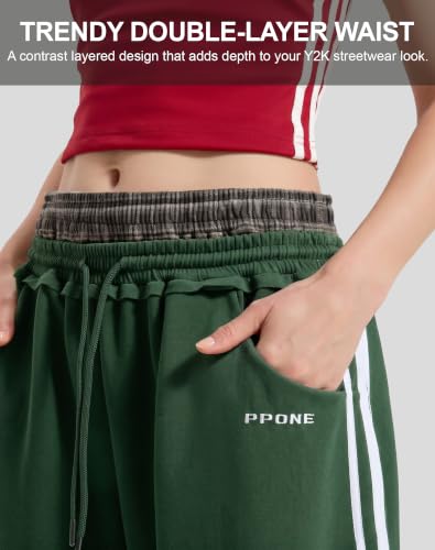 Women's Baggy Barrel Sweatpants, Double Waist Striped Wide Leg Pants - color: Green, size: Medium