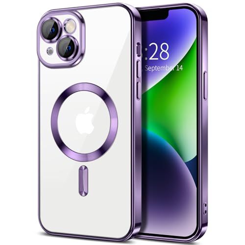 Hython Magnetic Clear for iPhone 14 Case with Camera Lens Protector [Compatible with MagSafe] Luxury Plating Edge Slim Soft TPU Cover Protective Phone Case for iPhone 14 6.1", Deep Purple - color: Deep Purple, size: Iphone 14 - 6.1 Inch