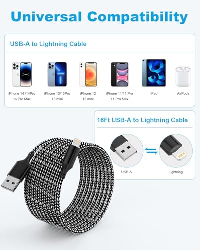 16 FT iPhone Charger Cord, USB-A to Lightning Extra Long Charging Cable, Apple MFi Certified Braided Cable for iPhone, iPad