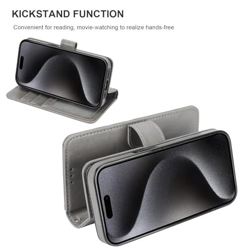 Bocasal Detachable Wallet Case Card Holder for iPhone 15 Pro, Grey | RFID Blocking Kickstand Card Slots Holder PU Leather Magnetic Shockproof Wrist Strap Removable Flip Protective Cover 6.1 inch - color: Gray
