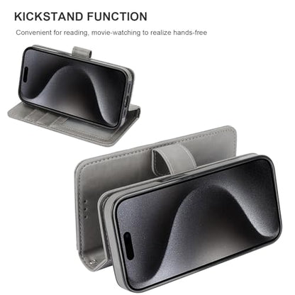 Bocasal Detachable Wallet Case Card Holder for iPhone 15 Pro, Grey | RFID Blocking Kickstand Card Slots Holder PU Leather Magnetic Shockproof Wrist Strap Removable Flip Protective Cover 6.1 inch - color: Gray