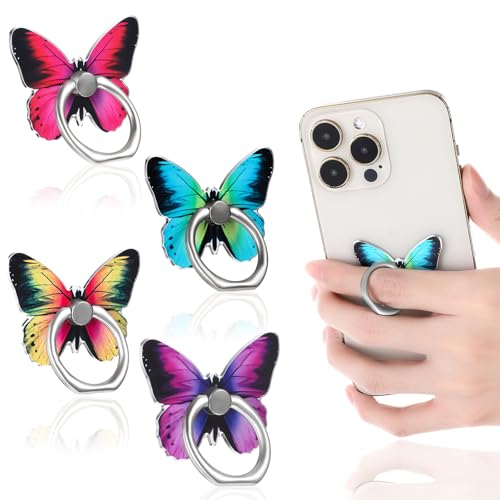 Tyqour 4pcs Cute Butterfly Ring for Phone Case Butterfly Cell Phone Ring Holder Kawaii Metal Phone Finger Holder 360°Rotation Phone Ring Holder Grip for All Smartphones Tablet for Girls/Women