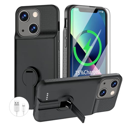 GIN FOXI Battery Case for iPhone 13/13 Pro/14/14 Pro Rechargeable Charging Case with Stand 7000mAh Ultra-Slim Anti-Fall Protection Extended Charger Cover for 14/14Pro/13/13 Pro 6.1" Black