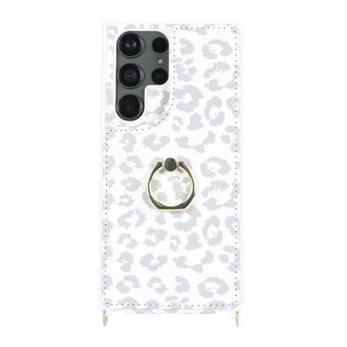Lipvina for Samsung Galaxy S23 Ultra Case with Card Holder and Strap for Women,Crossbody Lanyard,Ring Stand,Snap Clasp,Cute Phone Wallet Cases 6.8 inch(White Leopard) | Cute Crossbody Lanyard Wallet,4 Card Holder,RFID Blocking,and a 360° Ring Kickstand.Li