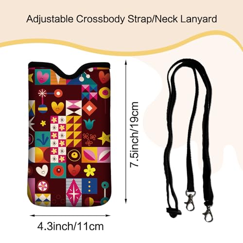 Men Women Neoprene Cell Phone Sleeve Pouch Case Bag with Crossbody Strap/Neck Lanyard 7.5 X 4.3 in (Geometric Elements Collage Pattern) - color: Geometric Elements Collage Pattern
