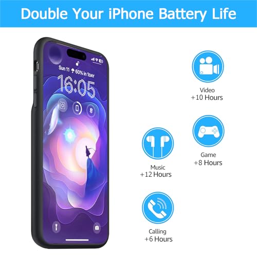 Battery Case for iPhone 16 Pro Max, 12000mAh Enhanced Portable Protective Qi Wireless Charger Case Battery Pack with CarPlay Wireless Charging Compatible for iPhone 16 Pro Max (6.9 inch)-Black - size: iPhone 16 Pro Max