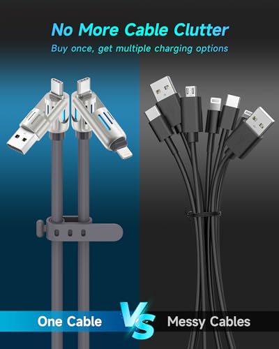 RAVIAD 240W 4 in 1 Charging Cable 4FT, Chubby USB A/C to C/L Multi Charger Cable with RGB LED Light Compatible with iPhone 16 15 14 Pro Max/Plus/Samsung USB C to C Multi Charging Cable for All Devices