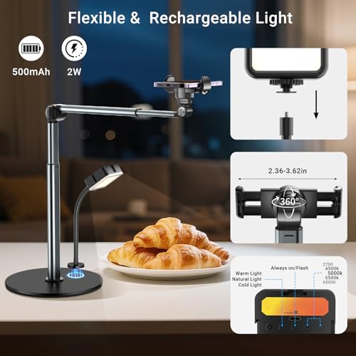 Overhead Phone Mount with Rechargeable Light for Content Creators, Filming
