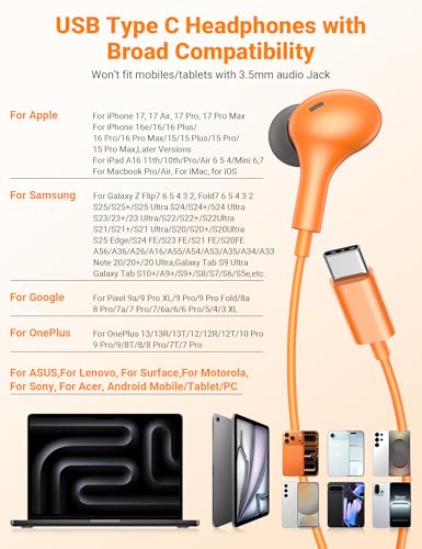 USB C Earbuds with Microphone Cute in Ear Wired Headphone - color: Orange Grey