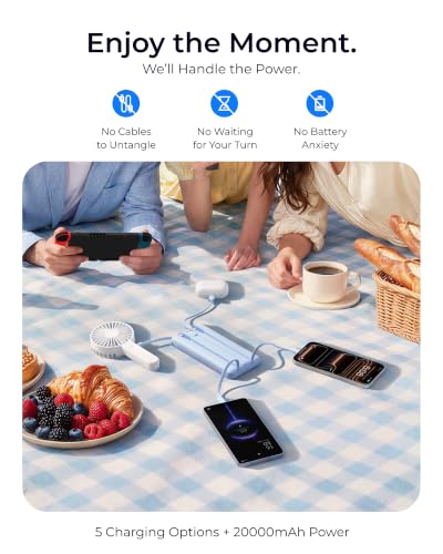 VRURC Portable Charger 4-Built-in-Cable 20000mAh Power Bank Fast Charging - color: Sky-Blue
