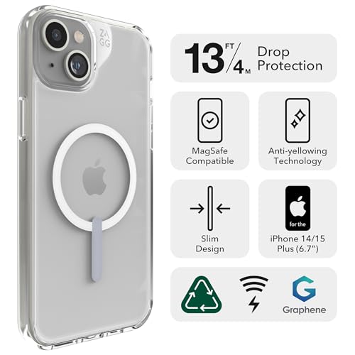 ZAGG Crystal Palace Snap iPhone 15 Plus/ 14 Plus Clear Phone Case - Drop Protection (13ft/4m), Durable Graphene, Anti-Yellowing, and Scratch-Resistant MagSafe Phone Case - size: iPhone 15 Plus/14 Plus, style: With Magsafe