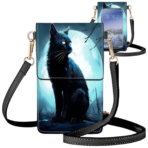 for Women Cell Phone Purse,with Touchscreen Cell Phone Purse,PU Leather Shoulder Bag Waterproof Phone Wallet Case with Clear Touch Screen Window up to 6.7 inch Smartphone, - color: Black Cat / Blue Sky -193