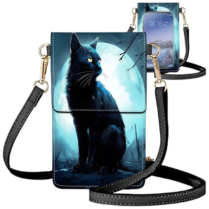 for Women Cell Phone Purse,with Touchscreen Cell Phone Purse,PU Leather Shoulder Bag Waterproof Phone Wallet Case with Clear Touch Screen Window up to 6.7 inch Smartphone, - color: Black Cat / Blue Sky -193
