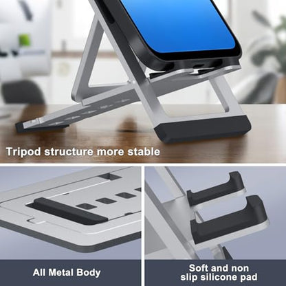 Cell Phone Stand,Aluminum Foldable Phone Holder for Desk,Adjustable Phone Kickstands Travel Essentials for iPhone 17 16 15 14 13 12 11 Pro Max Plus Samsung S25 S24 S23 Ultra Plus-Silver