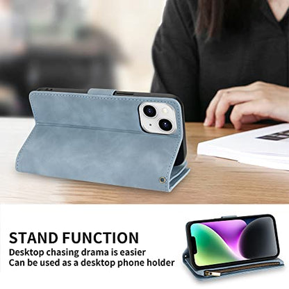 ZZXX iPhone 14 Case Wallet with [RFID Blocking] Card Slot Premium Soft PU Leather Zipper Flip Folio with Wrist Strap Kickstand Protective Phone Cover for iPhone 14 Wallet Case(Light Blue-6.1 inch) - color: Light Blue, size: iPhone 14