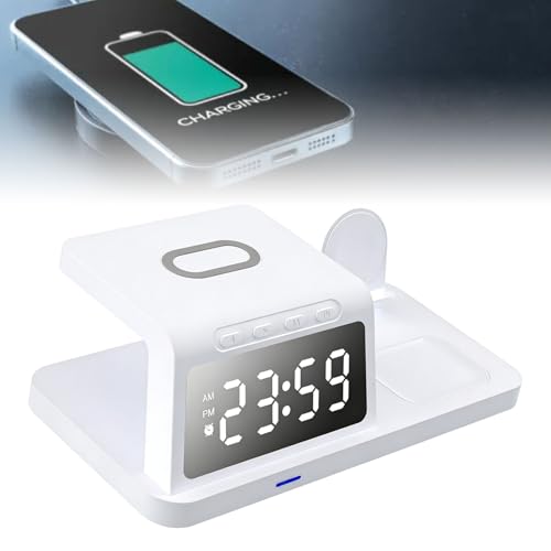 Wireless Charging Station, 3 in 1 Desk Charger with Alarm Clock, Fast Charging for Phone Watch Earphones, Space Saving Ideal for Bedroom Office