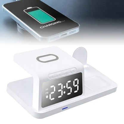 Wireless Charging Station, 3 in 1 Desk Charger with Alarm Clock, Fast Charging for Phone Watch Earphones, Space Saving Ideal for Bedroom Office