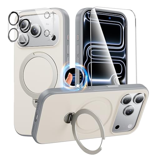 3in1 for 360°Ring Stand for iPhone 17 Pro Max Case with 1X Screen Protector +1X Camera Cover,Fit for MagSafe, Anti-Yellowing & Scratch-Resistant Back Phone Case for iPhone 17 Pro Max 6.9", White - color: White, size: Iphone 17 Pro Max