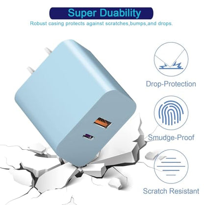 USB C Wall Charger Block, 3Pack 20W Dual Port PD Fast iPhone 16/15 Charger USB C Wall Charger Adapter + USB A Quick Charging Brick Plug for iPhone 15/14/13/12/11/Pro Max/Plus/XS/XR/X,iPad,AirPods-Blue - color: Blue