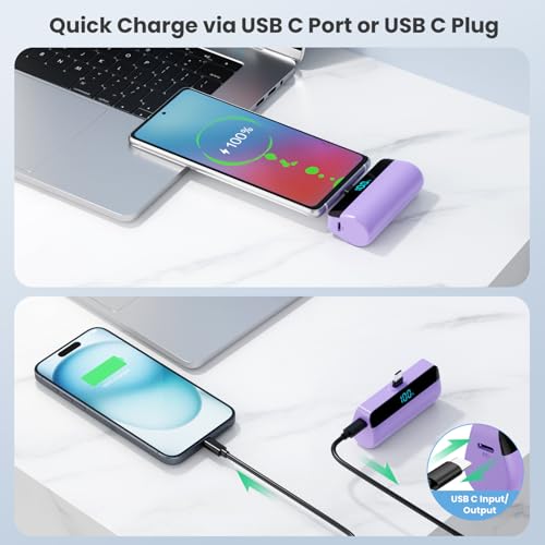 [2-Pack]Mini Portable Charger for iPhone 17/16/15,Upgraded 5500mAh PD Fast Charging USB C Power Bank,Travel Essentials Battery Pack for iPhone 17/17 Pro Max/Air/16/15 Series Galaxy Android-Pink+Purple - color: Pink+Purple