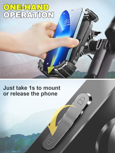 Motorcycle Phone Mount,Handlebar Phone Holder for Bike,360°Rotation,Silicone Wrapped Phone Clamp,One-Touch Quick Lock Scooter Stroller Bicycle Phone Holder,4.7- 6.8"Phones,Thick Cases Friendly - color: Black