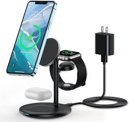 3 in 1 Wireless Charging Station for Apple Devices, Standard 15W Fast Wireless Mag-Safe Charger Stand with 20W Adapter for iPhone 15 14 13 12 Pro Max/Plus/Pro/Mini,iWatch Ultra 1,2 Series 9, AirPods - color: Black