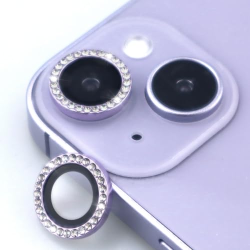 Camera Lens Protector for iPhone 15/15 Plus/14/14 Plus Bling Diamond Metal Ring Rhinestone Tempered Glass Lens Cover Accessories (Purple) - color: Purple