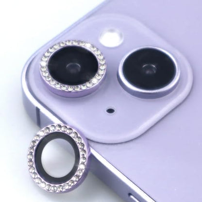 Camera Lens Protector for iPhone 15/15 Plus/14/14 Plus Bling Diamond Metal Ring Rhinestone Tempered Glass Lens Cover Accessories (Purple) - color: Purple