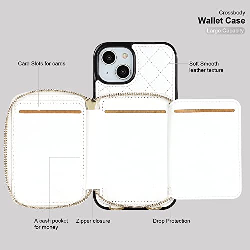 Bocasal Crossbody Wallet Case Card Holder for iPhone 13, White | RFID Blocking PU Leather Zipper Handbag Purse, Kickstand Flip Folio Case with Card Slots Holder Wrist Strap Lanyard 6.1 Inch - color: White