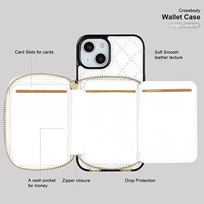Bocasal Crossbody Wallet Case Card Holder for iPhone 13, White | RFID Blocking PU Leather Zipper Handbag Purse, Kickstand Flip Folio Case with Card Slots Holder Wrist Strap Lanyard 6.1 Inch - color: White