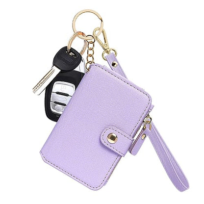 M-Plateau RFID Blocking Keychain Wallet With Leather Wrist Strap | Keychain Wristlet, Womens Card Holder with Zipper Coin Pocket and ID Window - color: Lavender